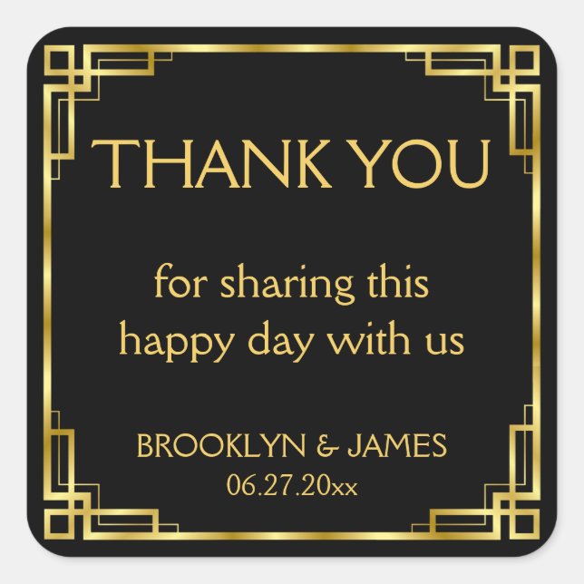 Thank You Art Deco Black Square Stickers (Front)
