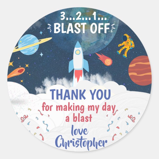 Thank you Astronaut Birthday party Classic Round Sticker (Front)