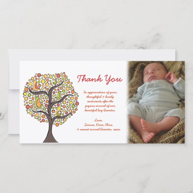 Thank You Autumn Bird Tree New Baby Gift Photocard Card (Front)