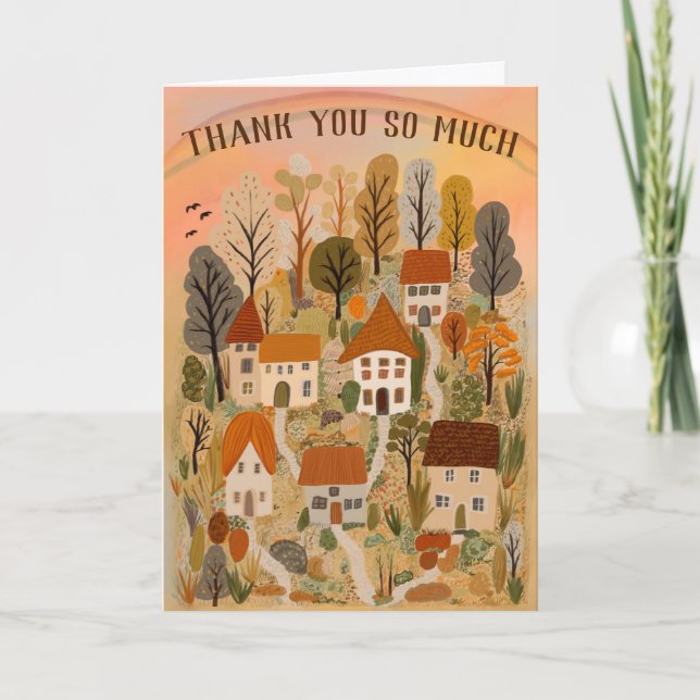 THANK YOU Autumn Cute Country Village Illustration Card (Front)