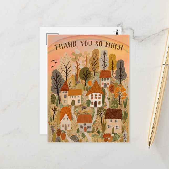THANK YOU Autumn Cute Country Village Illustration Postcard (Front/Back In Situ)