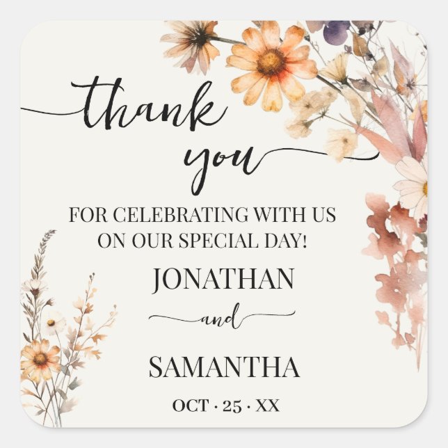 Thank You Autumn Wildflowers Wedding Square Sticker (Front)
