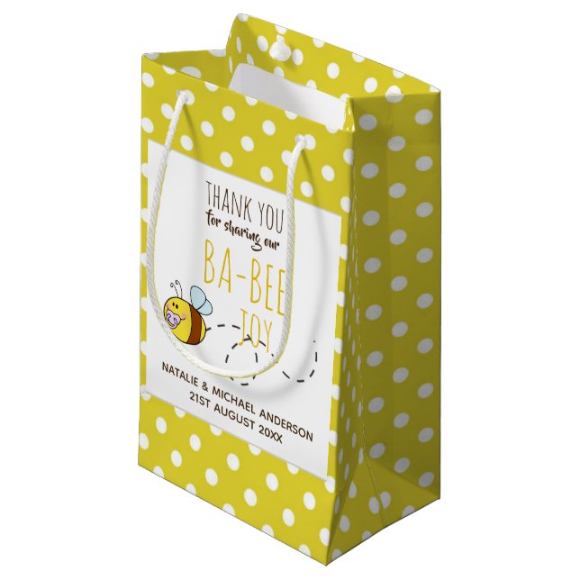 Thank You BA-BEE Baby Shower Yellow Polkadot Small Gift Bag (Front Angled)