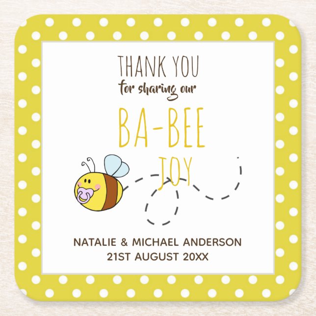 Thank You BA-BEE Baby Shower Yellow Polkadot Square Paper Coaster (Front)