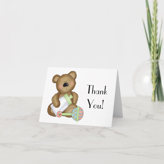 Thank You!-Baby Bear with Baby Bottle+Rattle Thank You Card (Front)