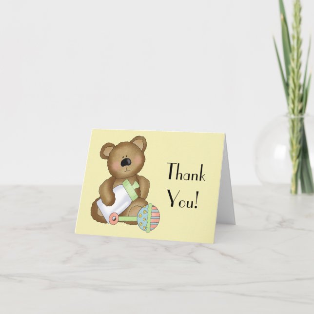 Thank You!-Baby Bear with Baby Bottle+Rattle Thank You Card (Front)