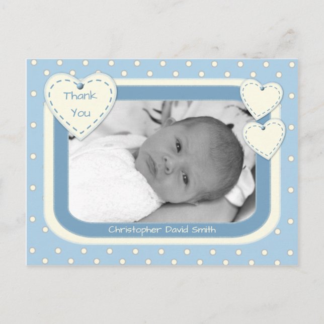 Thank you Baby Boy Photo Postcard Blue Polka Dots (Front)