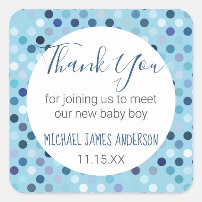 Thank You Baby Boy Shower Blue Polka Dots Square Sticker (Front)