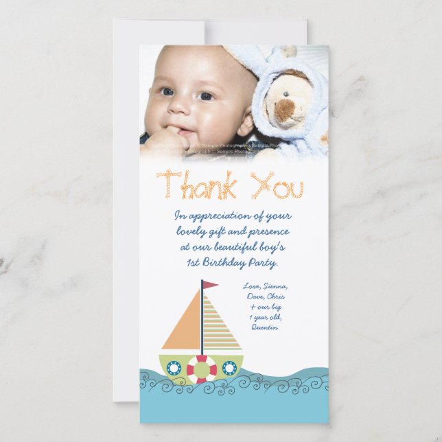 Thank You Baby Boy's 1st Birthday Party Photocard Card (Front)