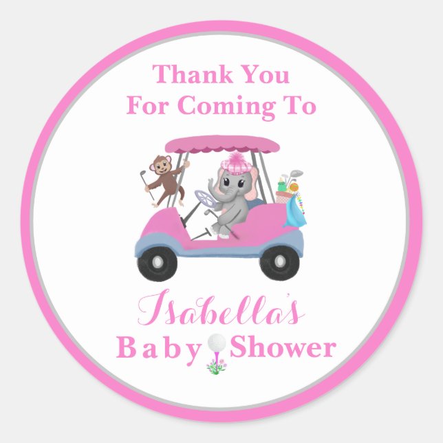 Thank You Baby Girl Golfing Elephant & Monkey  Classic Round Sticker (Front)