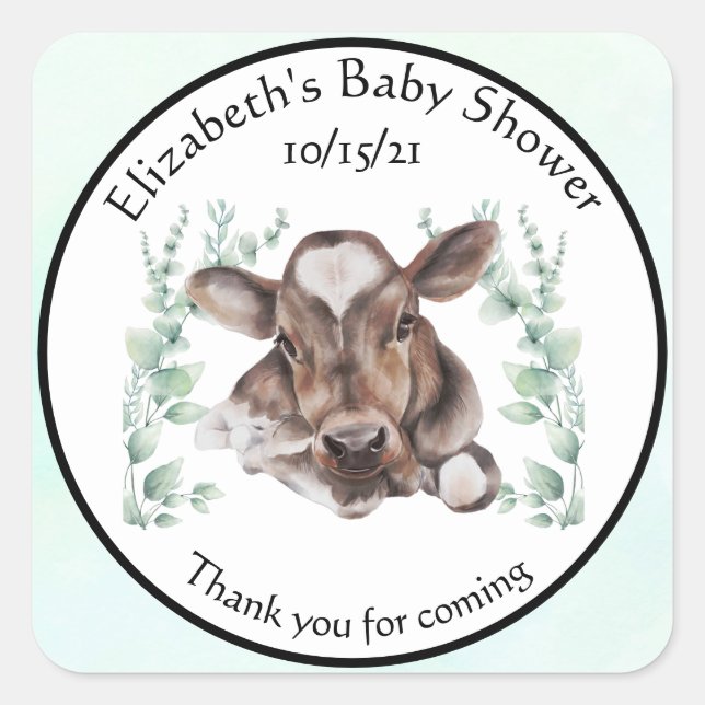 Thank you Baby shower Baby Cow Calf Eucalyptus  Square Sticker (Front)