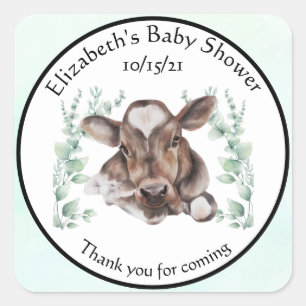 Thank you Baby shower Baby Cow Calf Eucalyptus  Square Sticker