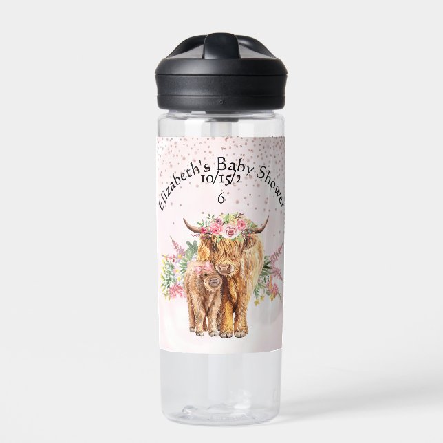 Thank you Baby shower Baby Highland Cow Calf   Water Bottle (Front)