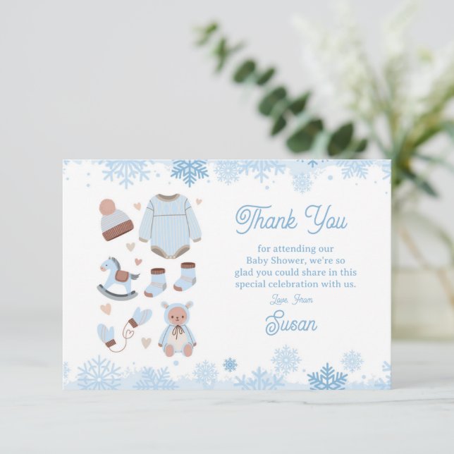 Thank You Baby Shower Cold Outside Snow Blue Boy Card (Standing Front)