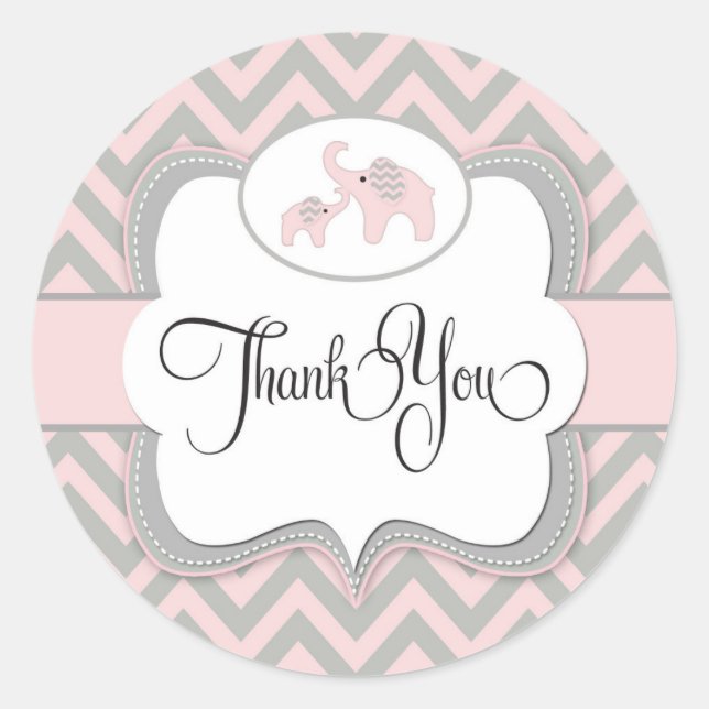 Thank You Baby Shower Elephant Sticker in Pink (Front)