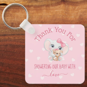 thank you baby shower girls pink hearts elephant  key ring