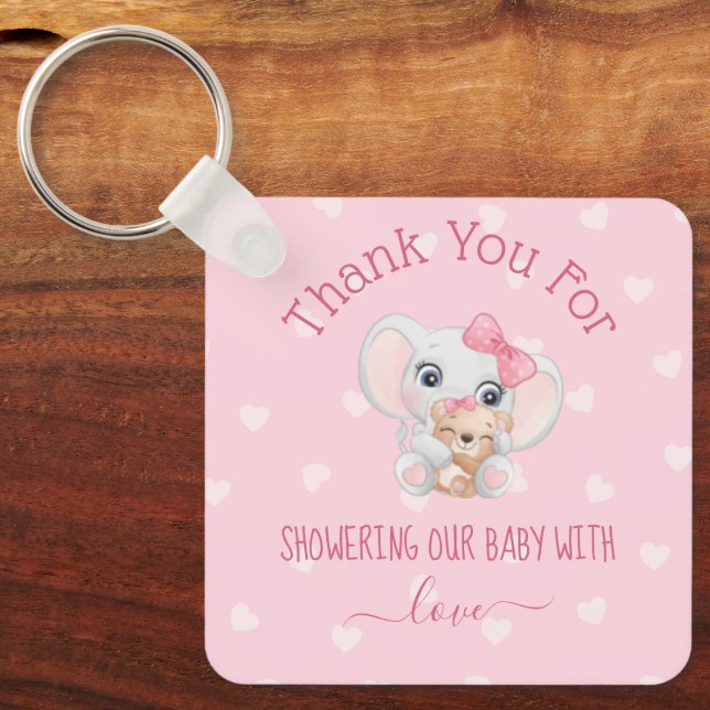 thank you baby shower girls pink hearts elephant  key ring (Front)