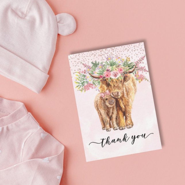 Thank you Baby Shower Highland Cow Pink  Card (Creator Uploaded)