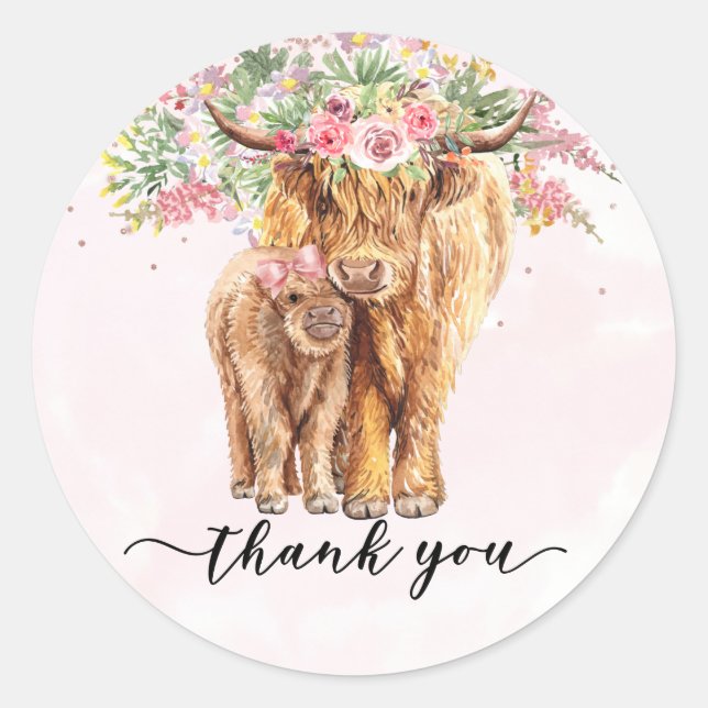 Thank you Baby Shower Highland Cow Pink  Classic Round Sticker (Front)