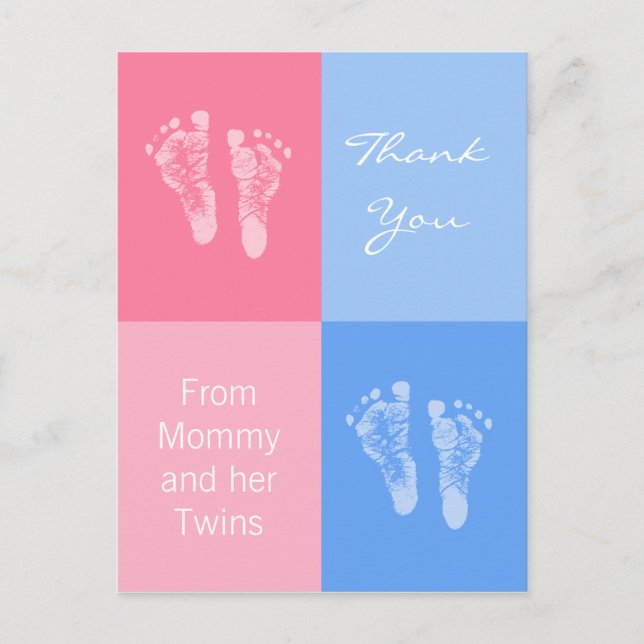 Thank You Baby Shower Twins Boy Girl Footprints Announcement Postcard (Front)