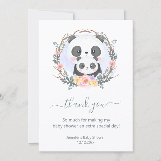 thank you baby shower watercolor cute pandas green card (Front)