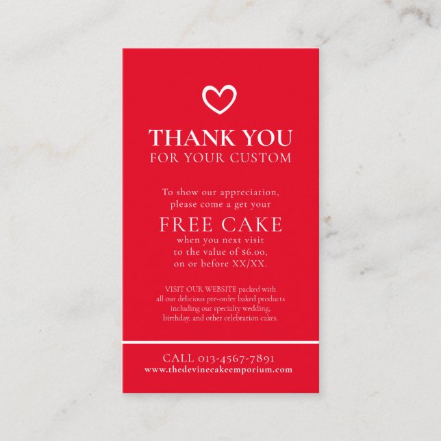 Thank you baking business photo free promo red business card (Front)