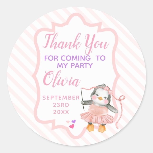 Thank You Ballerina Penguin Pink Birthday Classic Round Sticker (Front)
