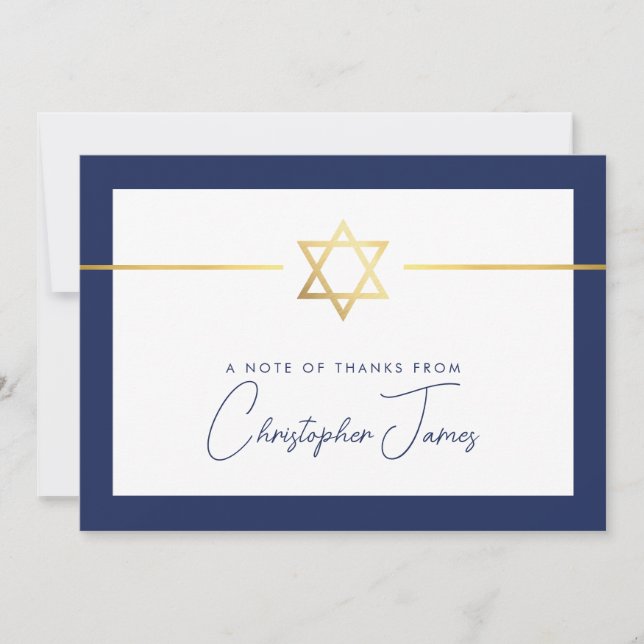 THANK YOU bar mitzvah modern gold jewish star navy Card (Front)