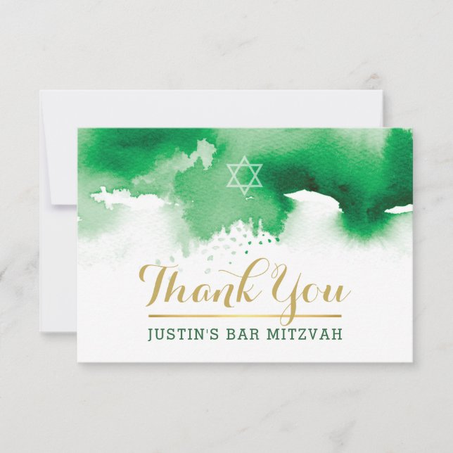THANK YOU BAR MITZVAH modern star green watercolor (Front)