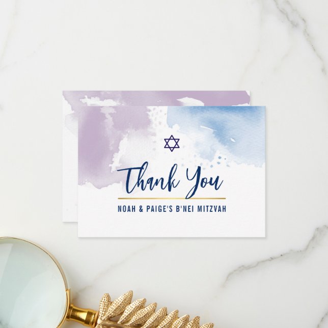 THANK YOU BAR MITZVAH star blue purple watercolor Card (Front/Back In Situ)