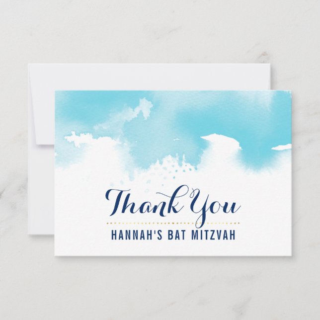 THANK YOU BAT MITZVAH modern cute aqua watercolor Card (Front)