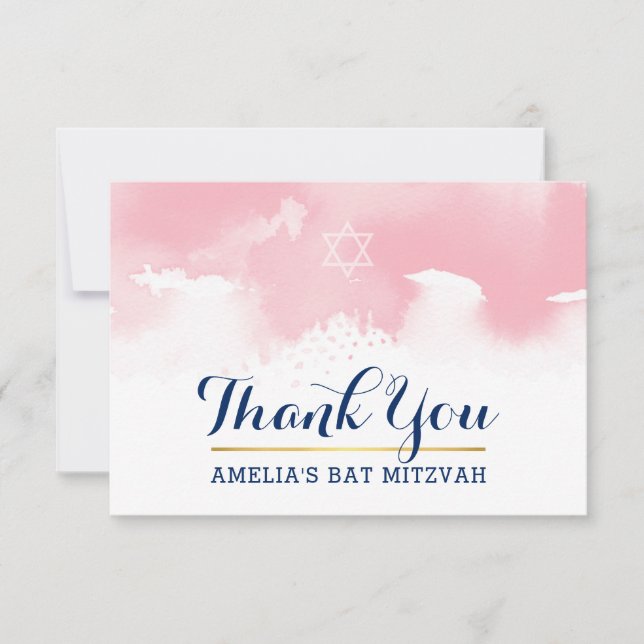THANK YOU BAT MITZVAH modern star PINK watercolor Card (Front)