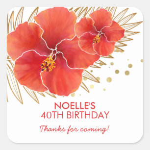 Thank You Bday, Tropical Red Hibiscus & Gold Leaf  Square Sticker