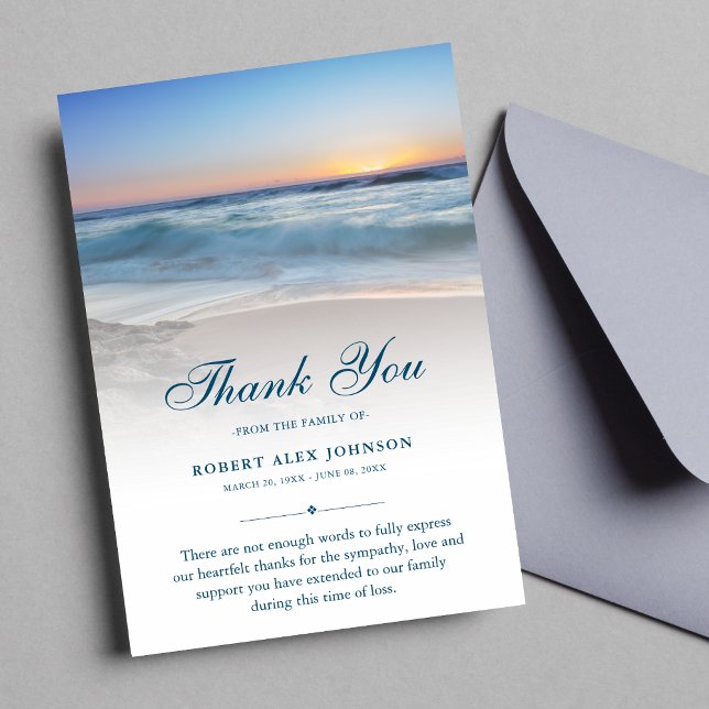 Thank You Beach Funeral Photo Sympathy Grief Blue (Blue Beach Sympathy Thank You Card )