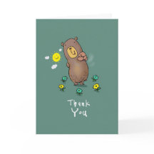 Thank you bear pointing at card holder.