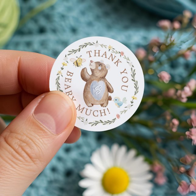 Thank You Beary Much Knitted Woodland Bear Floral Classic Round Sticker (Thank You Beary Much Knitted Woodland Bear Floral Classic Round Sticker)