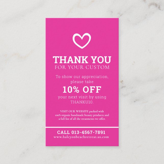 Thank you beauty health photo promo pink repeat business card (Front)
