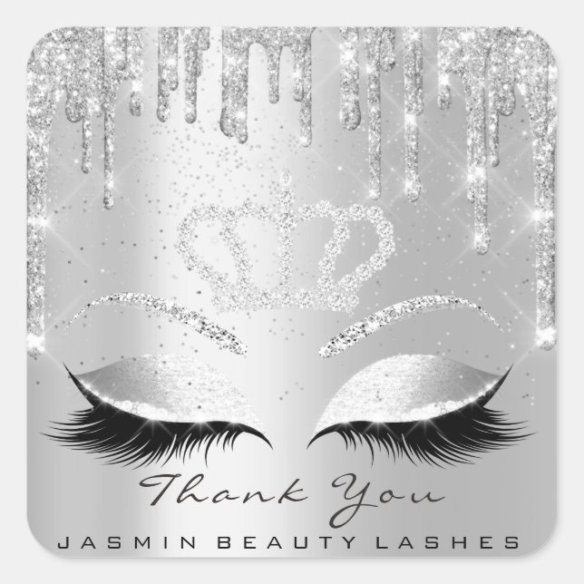 Thank You Beauty Lashes Bridal Grey Silver Glitter Square Sticker (Front)