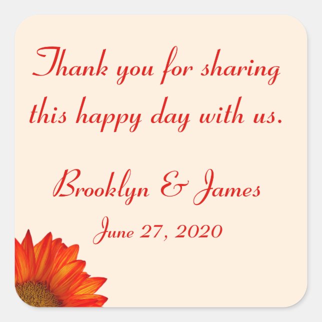 Thank You Beige Fall Wedding Stickers Sunflower (Front)