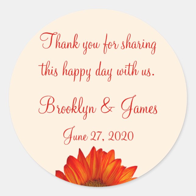 Thank You Beige Fall Wedding Stickers Sunflower (Front)