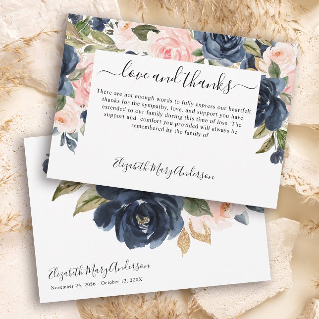 Thank You Bereavement Navy Pink Floral Memorial Card (Creator Uploaded)