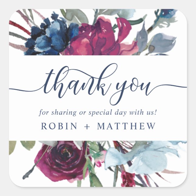 Thank You Berry Blue Burgundy Floral Wedding Favou Square Sticker (Front)