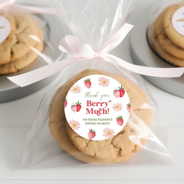 Thank You Berry Much Pink Strawberry Birthday Girl Classic Round Sticker (Creator Uploaded)