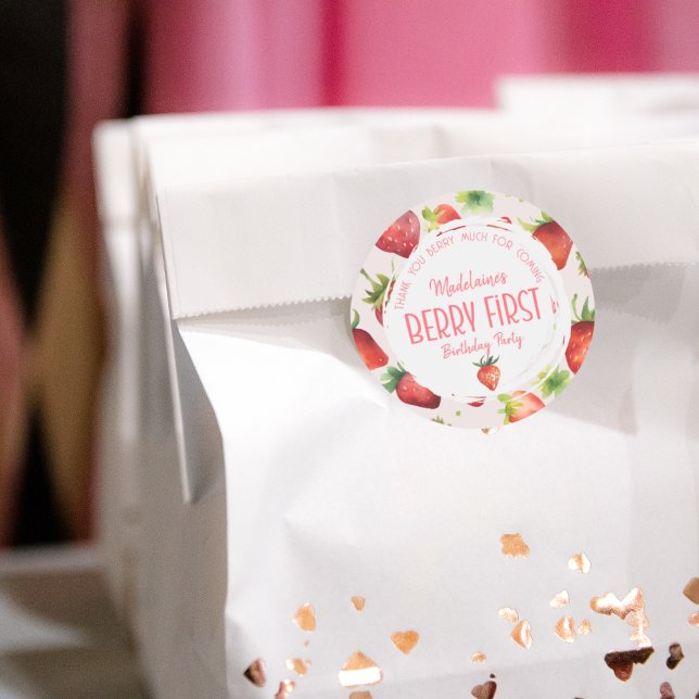 Thank You Berry Much Strawberry 1st Birthday Classic Round Sticker (Creator Uploaded)