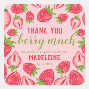 Thank You Berry Much Strawberry Birthday Pink Square Sticker