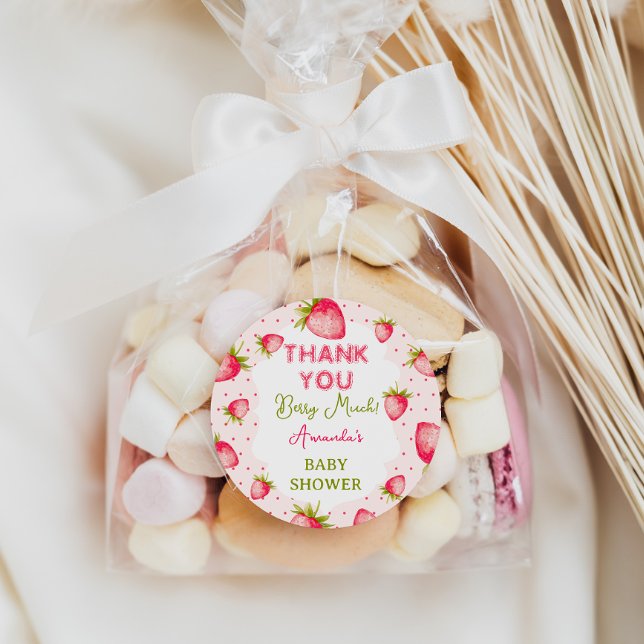 Thank You Berry Much Strawberry Pink Baby Shower Classic Round Sticker (Creator Uploaded)