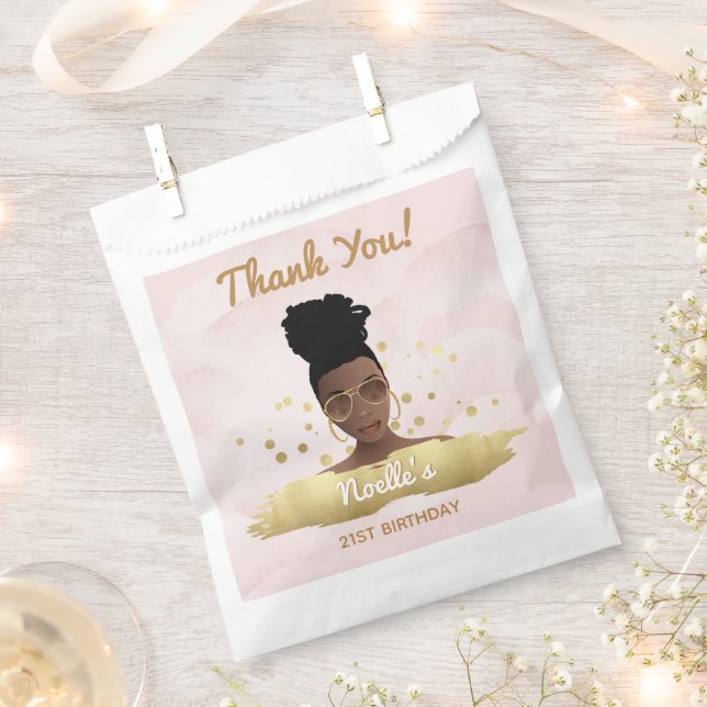 Thank You! Birthday Black Woman, Gold Accents Pink Favour Bags (Clipped)