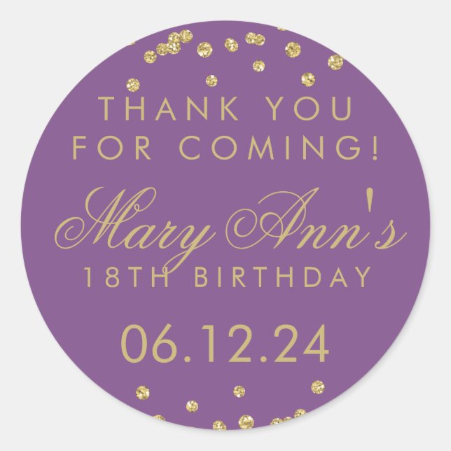 Thank You Birthday Gold Glitter Confetti Purple Classic Round Sticker (Front)