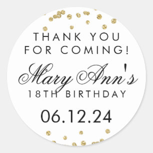 Thank You Birthday Gold Glitter Confetti White Classic Round Sticker