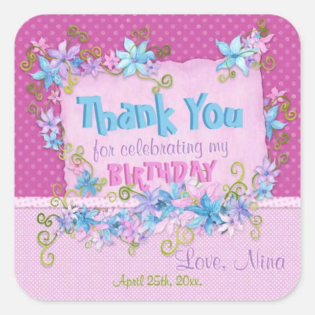Thank You Birthday Party Floral Pink Polka Dots  Square Sticker (Front)